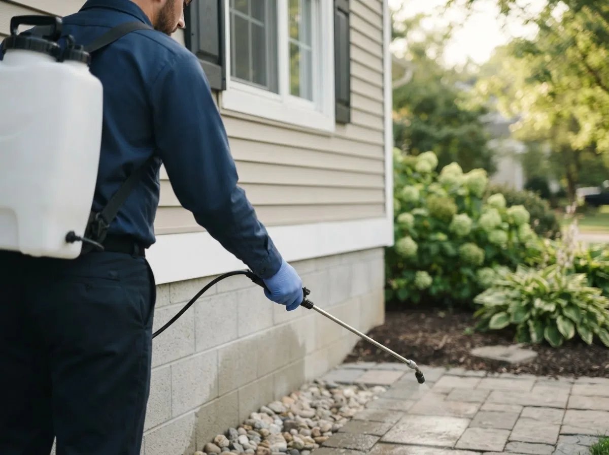 Pest control technician inspecting a home in Norton, MA